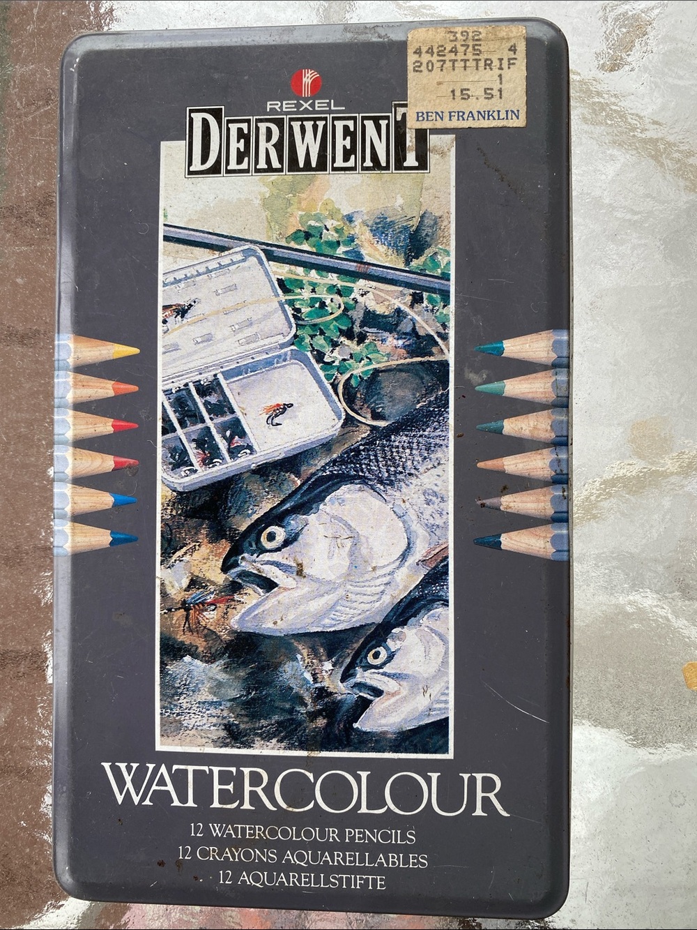 Derwent Watercolour Pencil Set - Gray Tin with Illustrated Fish